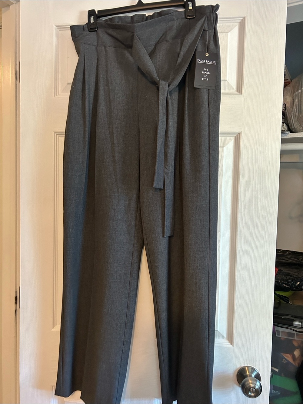 Zac & Rachel Paperbag Tie-Waist Straight Trousers in Charcoal